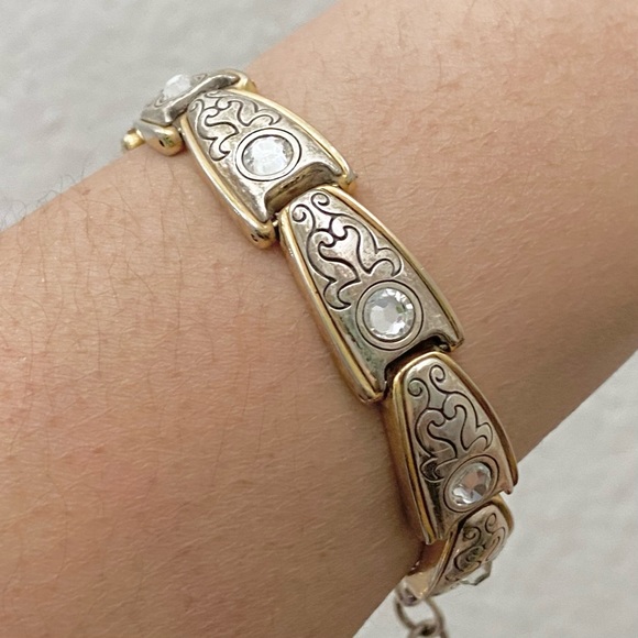 Retired Vintage BRIGHTON 2-tone Gold & Silver Rhinestone Ornate Link Bracelet - Picture 2 of 16